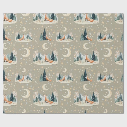 Waterverf Fox Trees and Stars Wrapping Paper Cadeaupapier (Vlak)