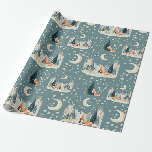 Waterverf Fox Trees and Stars Wrapping Paper Cadeaupapier (Uitgerold)
