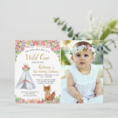 Waterverf Fox Tribal Boho Floral Birthday Foto Kaart (Staand voorkant)