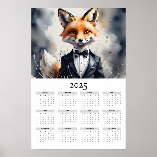 Waterverf Fox Tuxedo Bow Stropdas 2025 Muurkalende Poster (Voorkant)