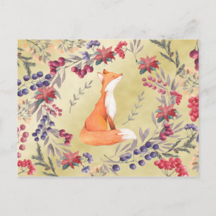 Waterverf Fox Winter Berries Gold Briefkaart