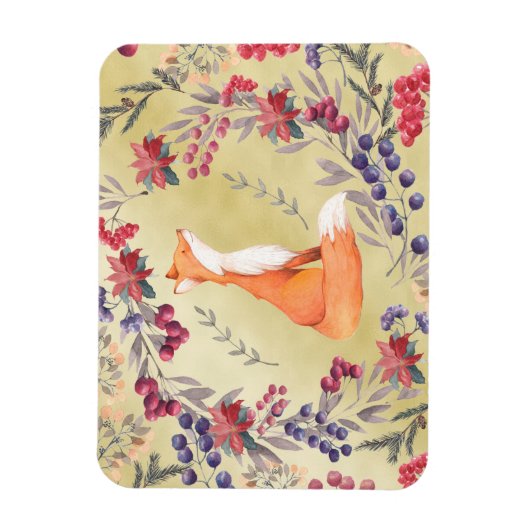 Waterverf Fox Winterbessen Goud Magneet (Verticaal)