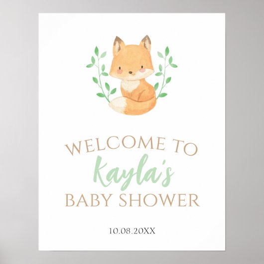 Waterverf Fox Woodland Baby shower Welkomstteken Poster (Voorkant)