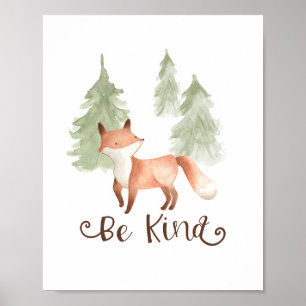 Waterverf Fox Woodland Friends be Kind Nursery Poster