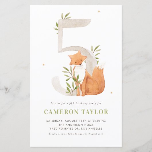 Waterverf Fox Woodland Vijfde Verjaardagsuitnodigi (Voorkant)