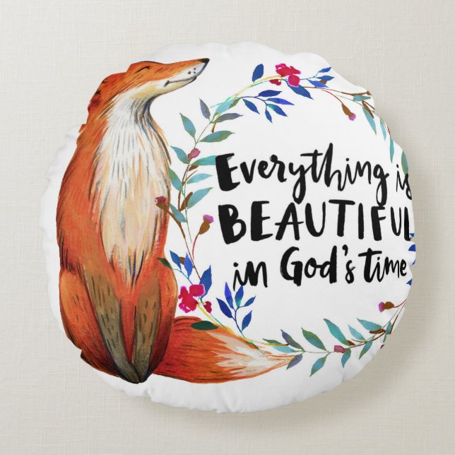 Waterverf Fox Wreath Gods Time Quote Rond Kussen (Voorkant)