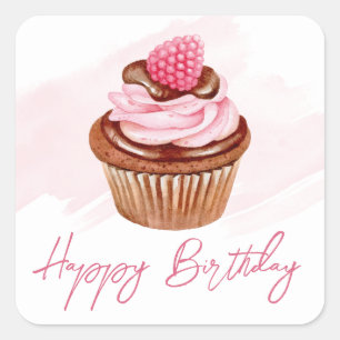 Waterverf Framboos & Chocolade Cupcake Verjaardag Vierkante Sticker