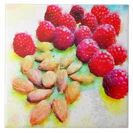Waterverf frambozen en amandelen tegeltje