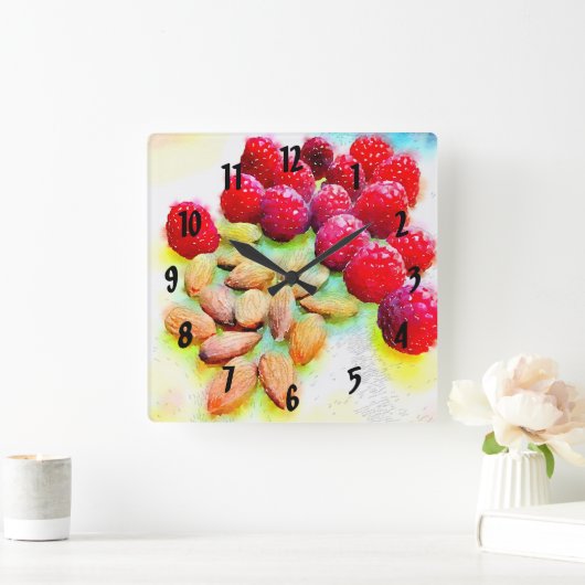 Waterverf frambozen en amandelen vierkante klok (Huis)