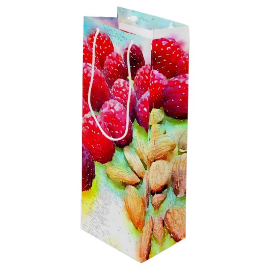 Waterverf frambozen en amandelen wijn cadeautas (Voorkant Gekanteld)