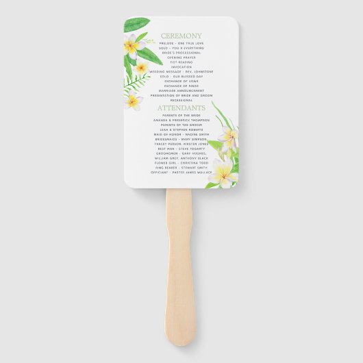 Waterverf Frangipani bruiloft programma Handwaaier (Achterkant)