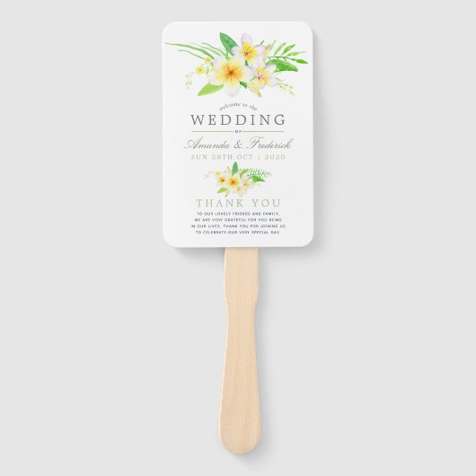 Waterverf Frangipani bruiloft programma Handwaaier (Voorkant)