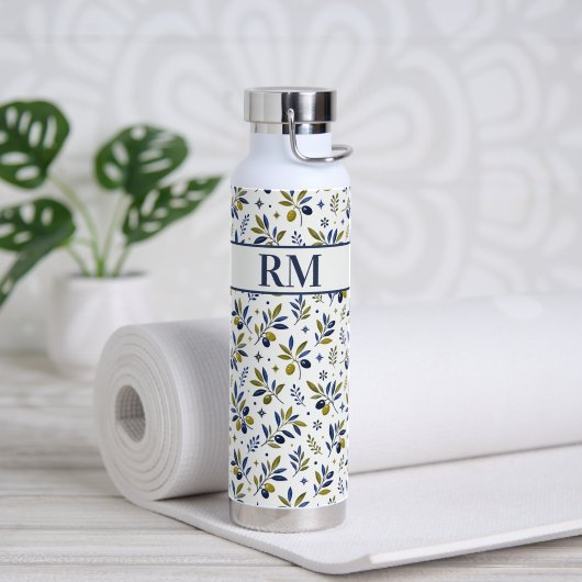 Waterverf Frans Landelijk Olijfpatroon Monogram Waterfles (Yoga (Gedraaid) )