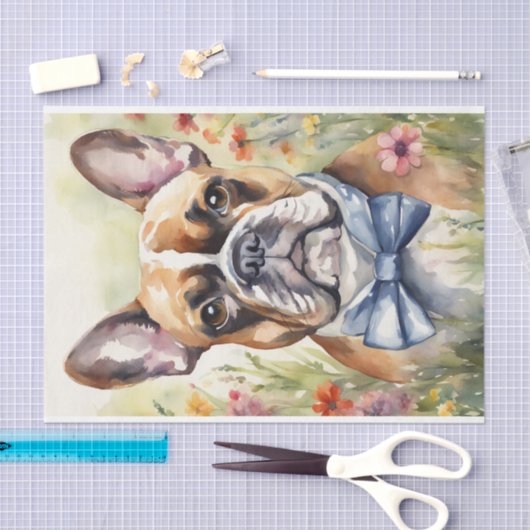Waterverf Franse Bulldog in Bloemen Decoupage Tissuepapier (Craft)