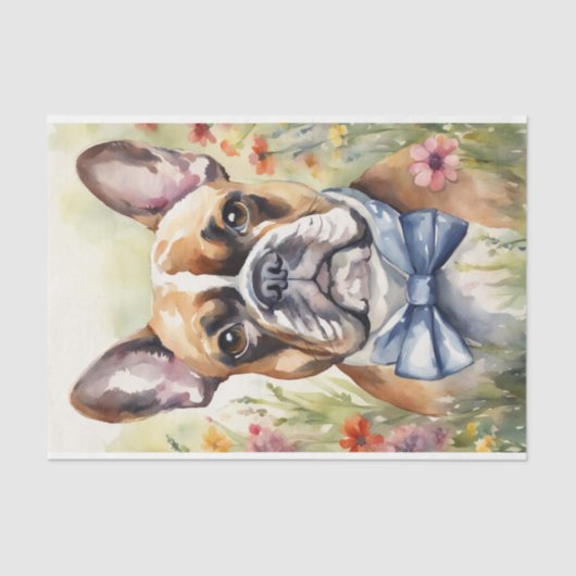 Waterverf Franse Bulldog in Bloemen Decoupage Tissuepapier (Voorkant)