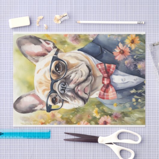 Waterverf Franse Bulldog in Bloemen Decoupage Tissuepapier (Craft)