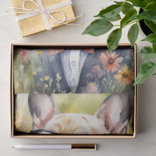 Waterverf Franse Bulldog in Bloemen Decoupage Tissuepapier (Geschenk)