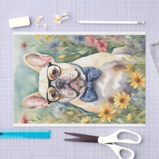 Waterverf Franse Bulldog in Bloemen Decoupage Tissuepapier (Craft)