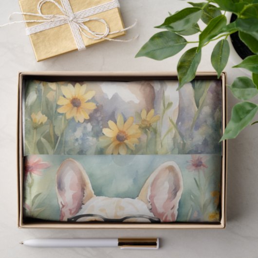 Waterverf Franse Bulldog in Bloemen Decoupage Tissuepapier (Geschenk)