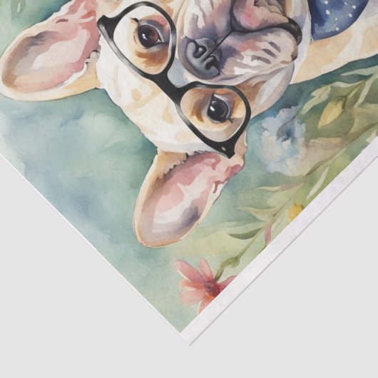 Waterverf Franse Bulldog in Bloemen Decoupage Tissuepapier (Detail)