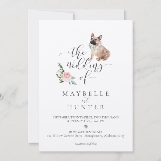 Waterverf Franse Bulldog Pet & Floral Pink Rose Kaart (Voorkant)