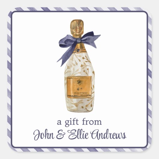 Waterverf Franse Champagne met een Navy Bow Gift Vierkante Sticker (Voorkant)