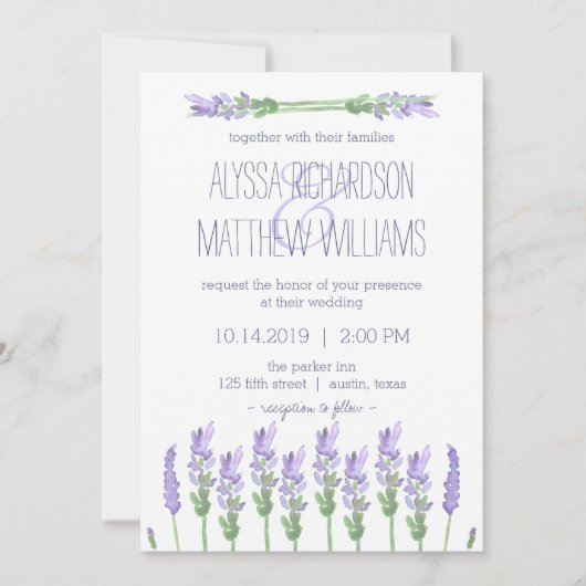 Waterverf Franse Lavendel op witte bruiloft Kaart (Voorkant)