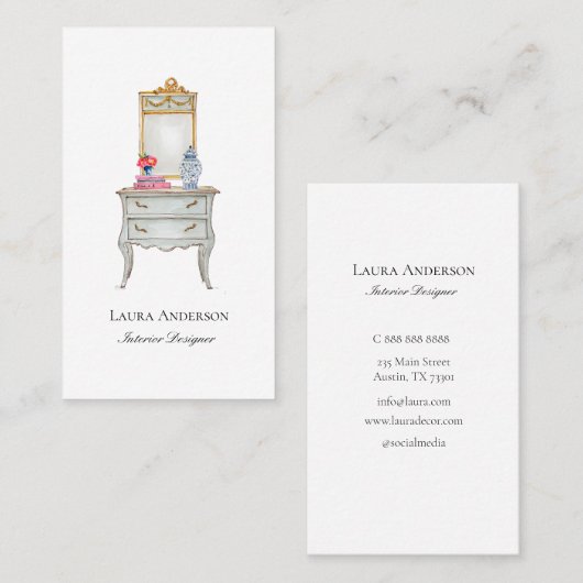 Waterverf Franse meubelen voor interieurontwerper Visitekaartje (Voorkant / Achterkant)