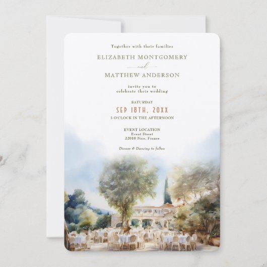 Waterverf Franse Rivièra Bestemming Bruiloft Kaart (Voorkant)