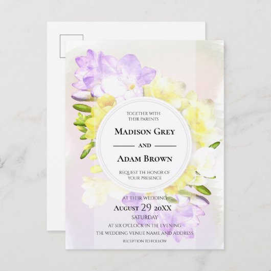Waterverf Freesia Flowers Wedding Uitnodiging Briefkaart (Voorkant / Achterkant)