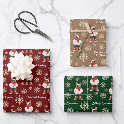 Waterverf Frenchie Snowflake Custom Christmas Inpakpapier Vel (Voorkant)