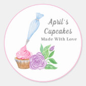 Waterverf Frosting Cupcake gemaakt met liefde Ronde Sticker (Voorkant)