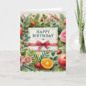 Waterverf fruitbloemen groen Happy Birthday Kaart (Voorkant)