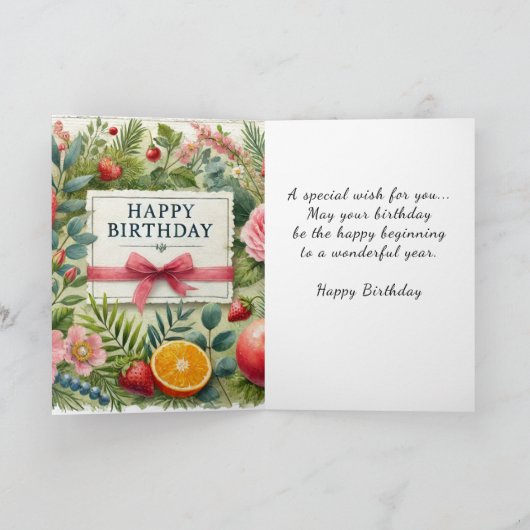 Waterverf fruitbloemen groen Happy Birthday Kaart (Binnen)