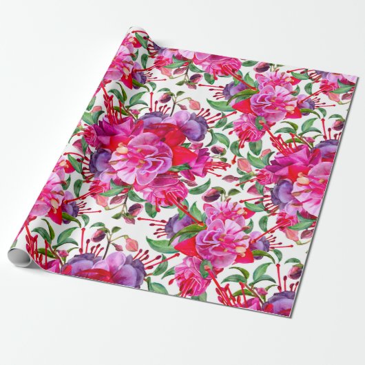 Waterverf Fuchsia bloeit Cadeaupapier (Uitgerold)