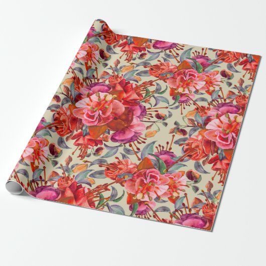  Waterverf Fuchsia bloeit Cadeaupapier (Uitgerold)