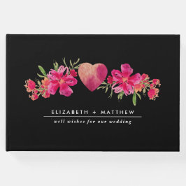 Waterverf Fuchsia Floral Black Wedding Gastenboek