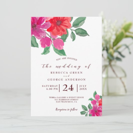 Waterverf Fuchsia Floral Weddenschap Kaart (Staand voorkant)