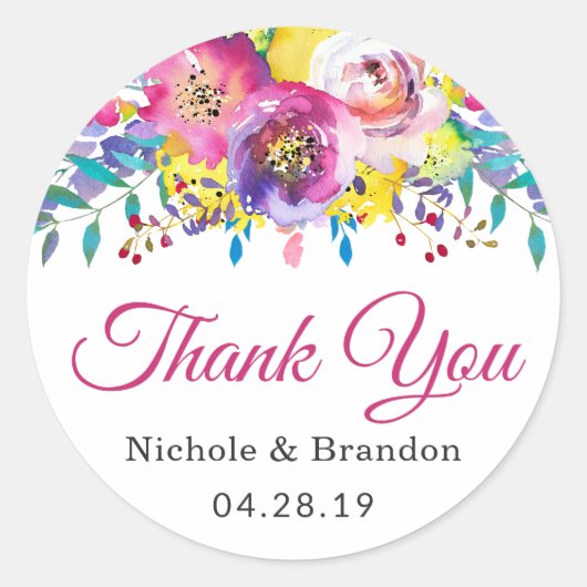 Waterverf Fuchsia Gold Floral Wedding Favor Ronde Sticker (Voorkant)
