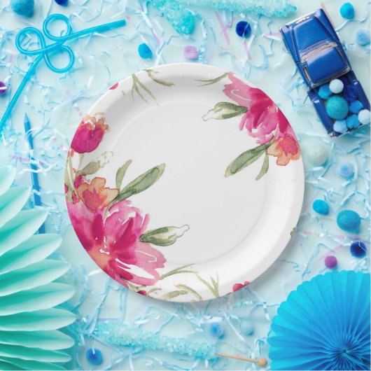 Waterverf Fuchsia Groene Bloemen Graduation Party Papieren Bordje (Feest)