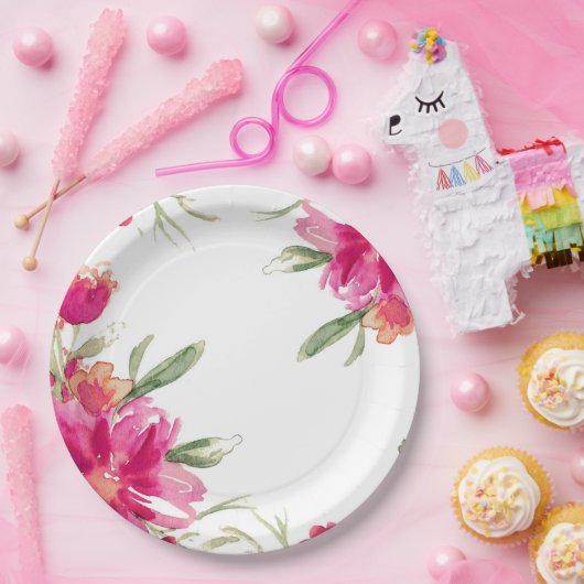 Waterverf Fuchsia Groene Bloemen Graduation Party Papieren Bordje (Feest)