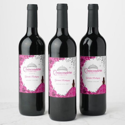 Waterverf Fuchsia Roze Bloemen Quinceanera Wijn Etiket (Flessen)