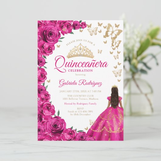 Waterverf Fuchsia Roze Rozen Bloemen Quinceanera Kaart (Staand voorkant)