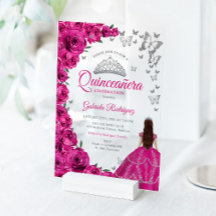 Waterverf Fuchsia Roze Rozen Zilver Quinceanera