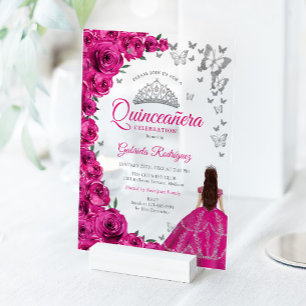Waterverf Fuchsia Roze Rozen Zilver Quinceanera Acryl Uitnodigingen