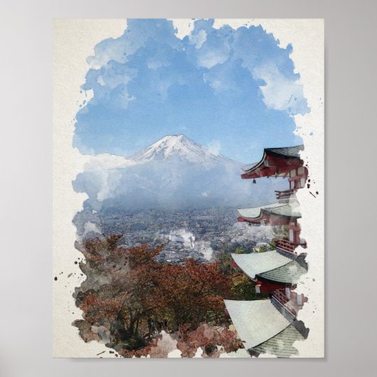 Waterverf Fuji Japan - Kunst Poster (Voorkant)