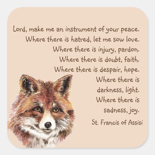 Waterverf Fun Fox Animal St. Francis Prayer Vierkante Sticker (Voorkant)