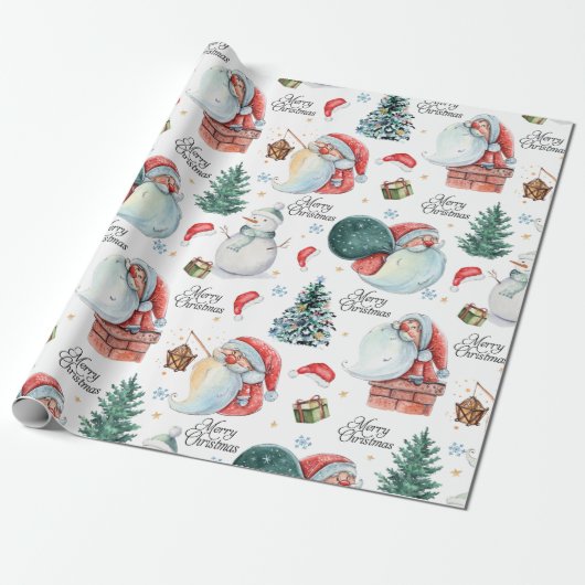 Waterverf Fun Kerstman Kerst Cadeaupapier (Uitgerold)