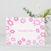 Waterverf Fun Pink Star van David Bar Bat Mitzvah Bedankkaart (Staand voorkant)