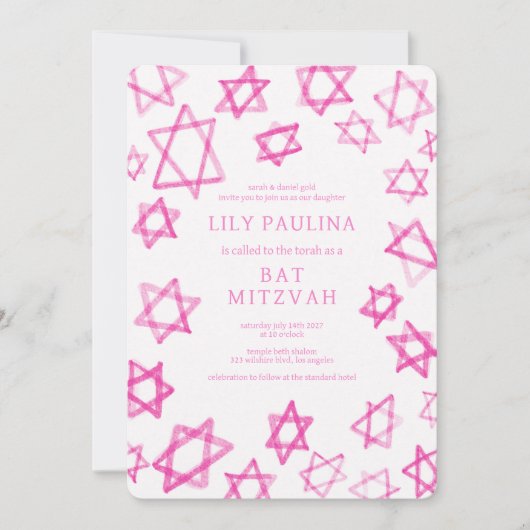 Waterverf Fun Pink Star van David Bar Bat Mitzvah Kaart (Voorkant)
